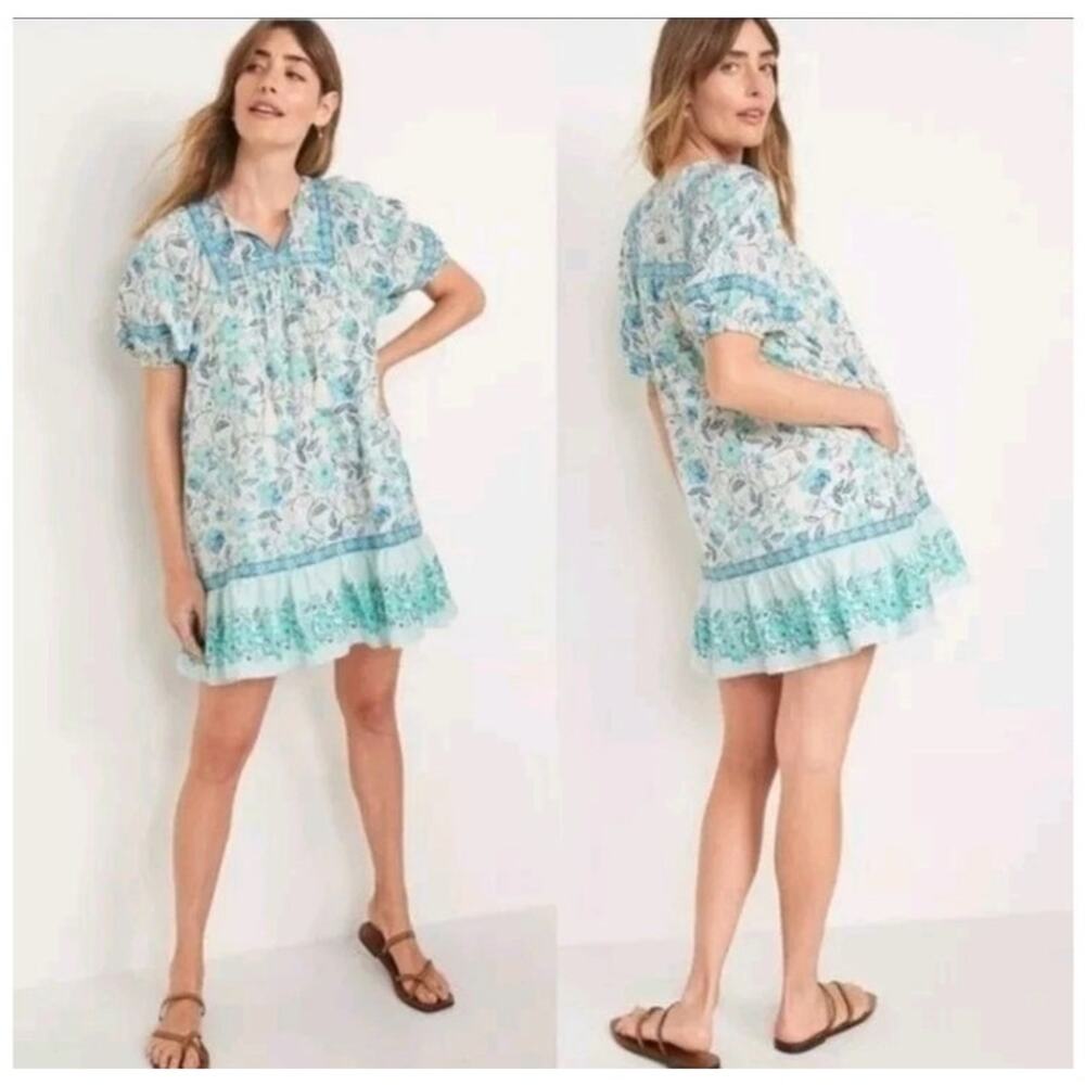 Old Navy Puff Sleeve Floral Printed Mini Swing Dress Size M Blue White Summer - Picture 3 of 12